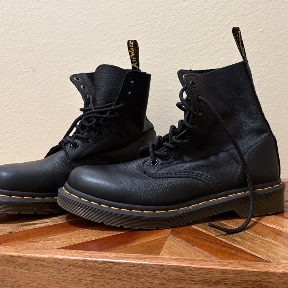 Women’s Dr. Martens 1460 8-Eye Black Boots with Yellow Accent